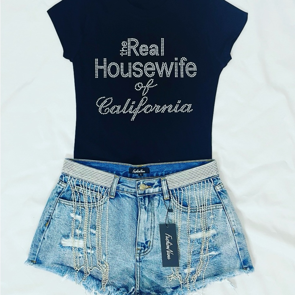 Black Graphic Tee and Denim Shorts Set